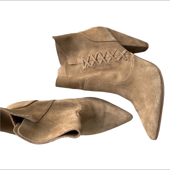 Zara Woman Suede Leather Lace Up Pointy Toe Heeled Booties Tan Cognac Size 39/9 - Picture 3 of 16